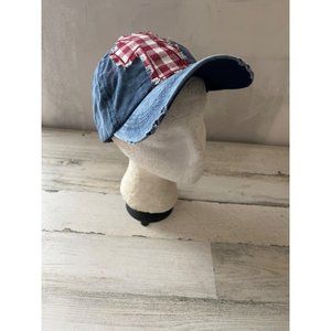Southern Junkie distressed denim cap with red plaid cross